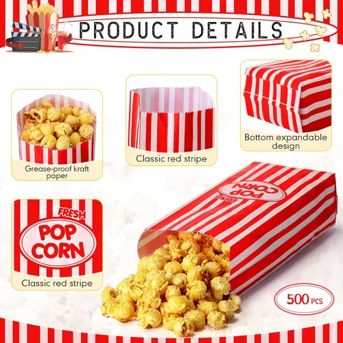 Miniatura 3 de Sherr 500 Piezas Bolsas de Palomitas de Maíz de 2oz a Granel Rayas Retro Rojas Bolsas de Palomitas de Maíz Desechables para Noches de Película Rojo