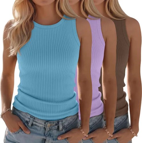 Miniatura 25 de Paquete de 3 camisetas sin mangas de algodón para mujer, de punto acanalado, casuales, básicas, de cuello redondo, ajustadas, de verano, con espalda