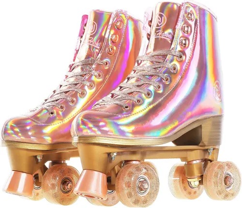 JajaHoho Patines de ruedas para mujer, patines de cuero PU holográficos de alta calidad, patines brillantes de doble fila con cuatro ruedas para Oro