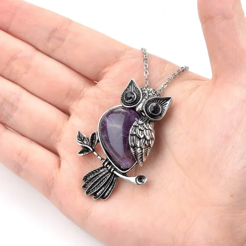 Miniatura 3 de Jovivi Regalos de búho, collar con dije de piedras de cristal curativo para mujeres y hombres, amatista natural, cuarzo rosa, joyería para reiki
