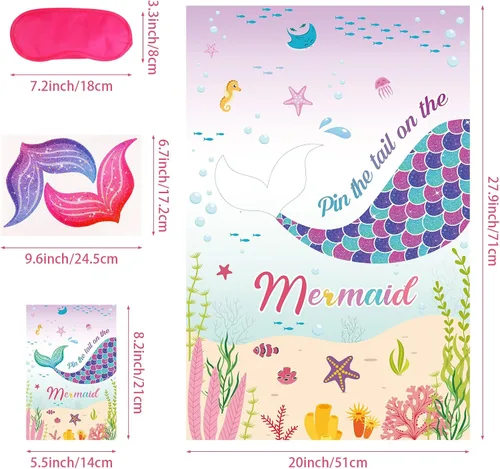 Miniatura 2 de Pin The Tail on The Mermaid Game con 32 colas bajo el mar, decoraciones de fiesta de cumpleaños para niños, recuerdo de fiesta de cumpleaños