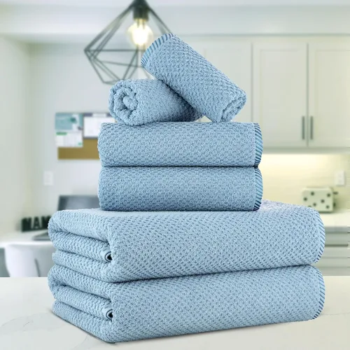 Miniatura 2 de CASA COPENHAGEN Juego de 6 toallas de palomitas de maíz, color azul polvoriento, 21.16 oz/m², 2 toallas de baño, 2 toallas de mano y 2 toallas