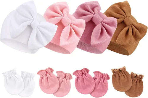 AQOKKA 4 Pieces Newborn Baby Girls Hats Mittens Set Beanie Infant Bow Hats Hospital Hat Baby Cotton Hats for 0-6 Months
