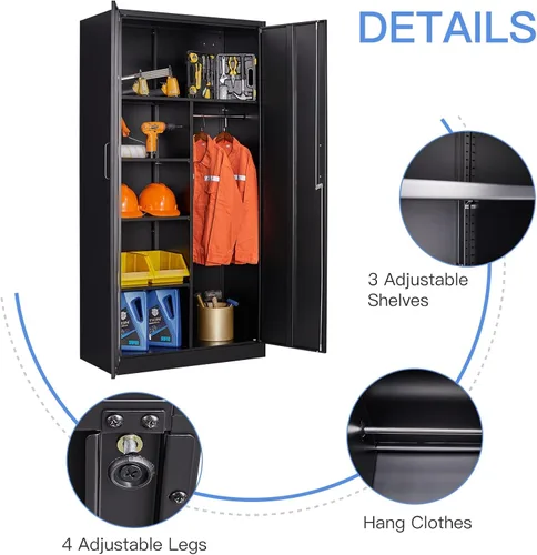 Miniatura 5 de Yizosh Armario de metal para colgar ropa con puertas de cerradura, armario de acero con cerradura de 72 pulgadas, organizador de ropa para Negro
