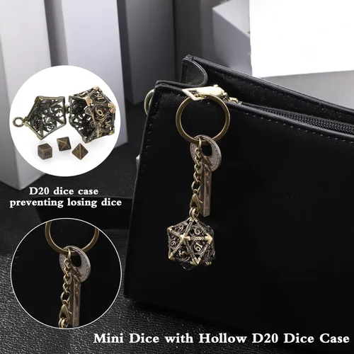 Miniatura 5 de Syhood Juego de dados pequeños, 7 piezas de dados pequeños de metal hueco D20, estuche para collar, llavero, juegos de mesa para juegos de rol