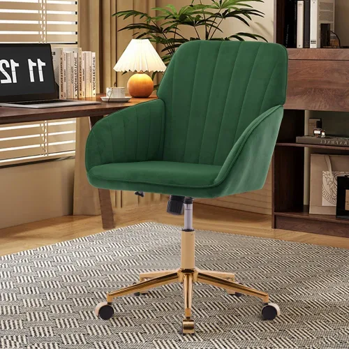 Miniatura 15 de Silla de oficina en casa, silla giratoria de terciopelo para escritorio, sillón tapizado moderno con base dorada para niñas y mujeres, asiento