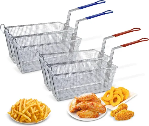 Paquete de 4 cestas de acero inoxidable para freidora con asas antideslizantes, 13.25 x 6.5 x 6 pulgadas, cestas de papas fritas de grado comercial