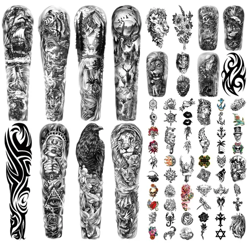 Tatuajes temporales de manga completa para hombres y mujeres, 46 hojas de tatuajes falsos para adultos, león realista, lobo, águila, ciervo, flor,