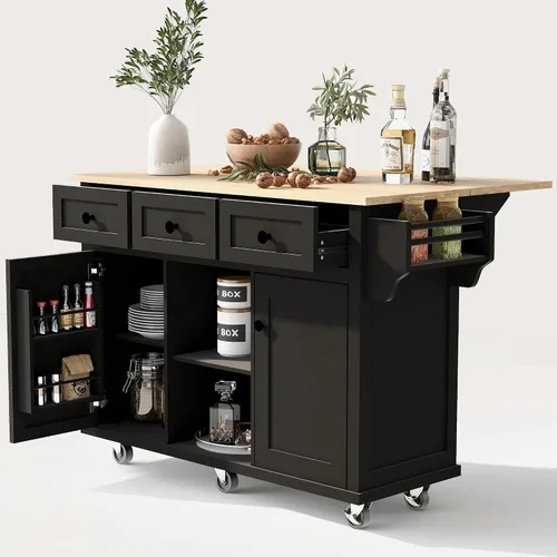 Miniatura 8 de LUMISOL Isla de cocina rodante con hoja abatible, carrito de cocina sobre ruedas con 3 cajones y 2 gabinetes, isla trolley portátil de madera