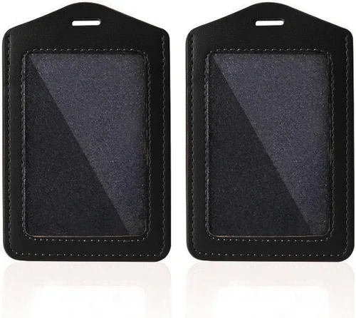 Larpur Paquete de 2 portatarjetas de cuero genuino con 1 ventana de identificación transparente, soportes verticales para tarjetas de identificación