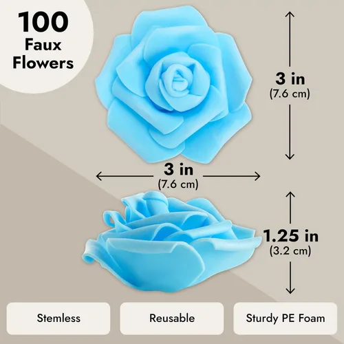 Miniatura 3 de Juvale – 100 unidades de rosas artificiales para decoración de bodas, baby showers, manualidades, 3 pulgadas Azul