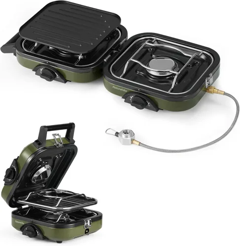Naturehike Estufa de camping plegable de 2 quemadores con plancha, estufa de gas de isobutano portátil para campamento con quemadores ajustables de