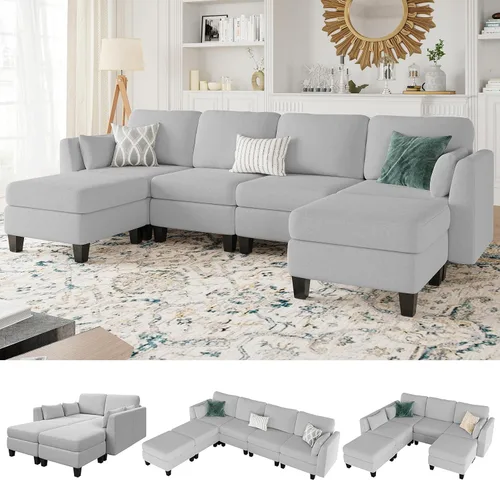 Miniatura 18 de Sofá seccional con sofá cama, sofá modular de 6 plazas, cómodos sofás seccionales convertibles, sofás convertibles con otomanos, sofás seccionales