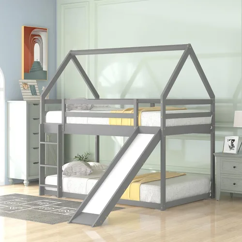 Harper & Bright Designs - Litera de casa individual sobre cama individual con tobogán para niños y niñas, litera de piso de madera con techo y Gris