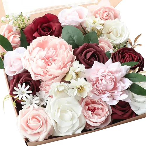 Miniatura 22 de Floroom - Flores artificiales de aspecto real en color lila, lavanda, púrpura y crema, rosas falsas, dalias y vegetación en conjunto de caja