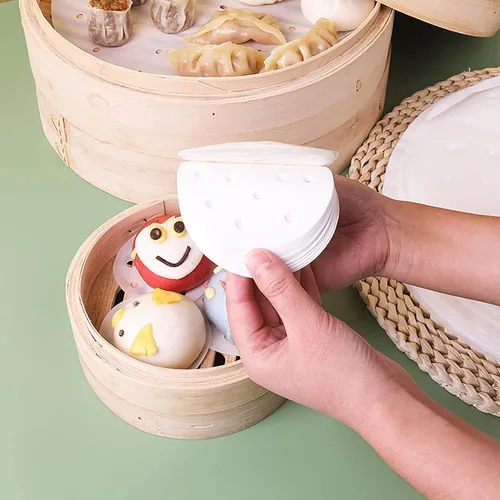 Miniatura 6 de 400 piezas de pequeños liners para vaporera de bambú, papel antiadherente mini para bollos al vapor y dumplings (10 cm)