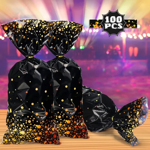 Miniatura 3 de Censen 100 bolsas de celofán de graduación, bolsas de celofán negro y dorado, 10.8 x 5 pulgadas, bolsa de plástico para dulces con 100 lazos dorados
