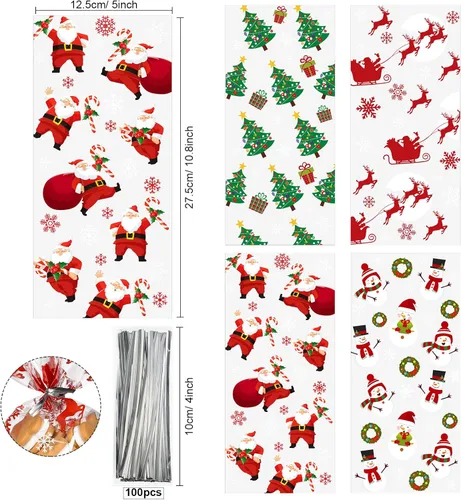 Miniatura 2 de Outus 100 piezas de bolsas de celofán de Navidad, bolsas de Navidad de plástico con lazos giratorios para dulces, galletas, golosinas, envoltorios