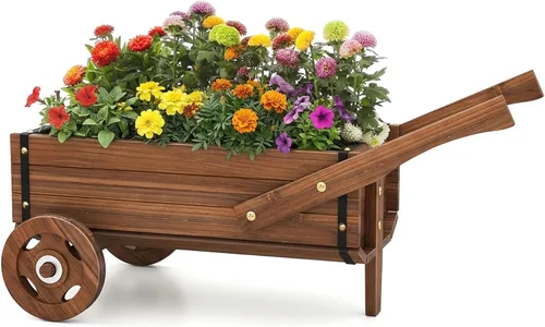 Miniatura 8 de HAPPYGRILL Carro de madera, soporte decorativo para macetas con 4 ruedas y agujeros de drenaje, maceta de carro al aire libre para patio, patio