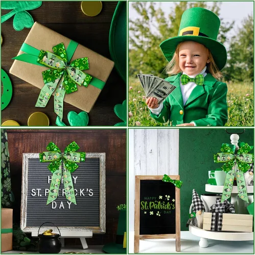 Miniatura 6 de Whaline Cinta de borde con alambre del día de San Patricio, trébol verde, gnomo, tela a cuadros, para envolver manualidades irlandesas