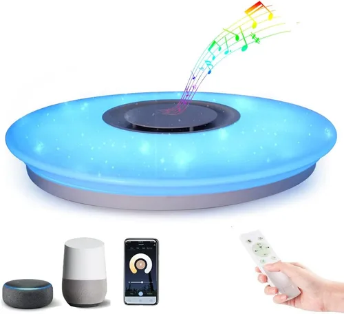 Lámpara de techo con música WiFi mejorada con altavoz Bluetooth y control remoto, lámpara de techo regulable de 15 pulgadas compatible con Alexa y