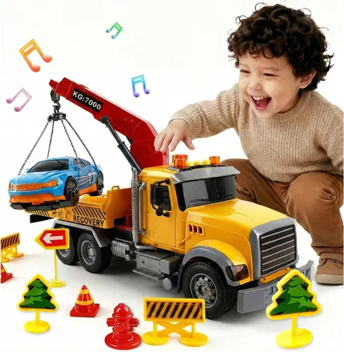 SMILESSKIDDO Juguetes para niños pequeños de 3, 4, 5, 6 años, camión de remolque grande de fricción 1:12 con luz y sonido, coche deportivo y señales