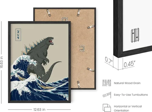 Miniatura 3 de HAUS AND HUES Arte de pared japonés - Póster de rey de monstruos, gran ola, marco negro, 12 x 16 pulgadas Gran Ola Vs. Godzilla