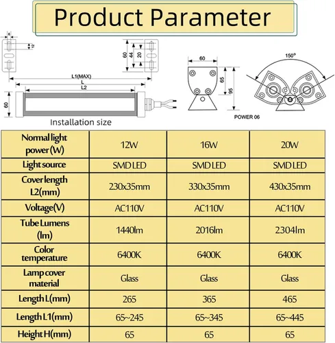 Miniatura 3 de Máquina industrial tubo luz LED 12W CNC máquina trabajo iluminación IP67 a prueba de polvo impermeable a prueba de explosiones Uplight AC 110V-220V