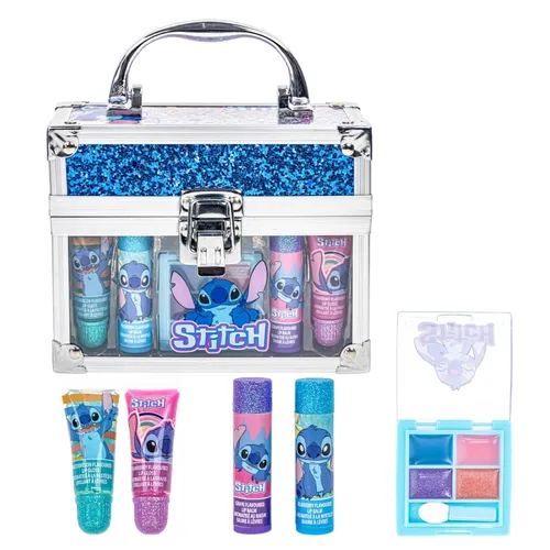 Disney Stitch Beauty Mini Train Case Set incluye tubo de brillo de labios, bálsamo labial, brillo de labios compacto para fiestas de niñas, fiestas