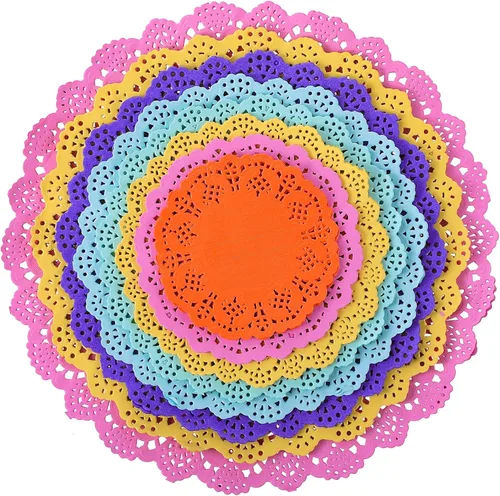 Boao Tapetes de papel de colores brillantes para mesas de postre de fiesta de té, 160 piezas de varios tamaños redondos de encaje para cumpleaños,