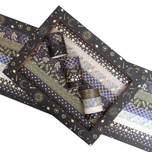 Miniatura 4 de Juego de cintas washi creativas 10 rollos de papel de aluminio dorado con estampado decorativo para manualidades, bricolaje, diarios, Mashup negro