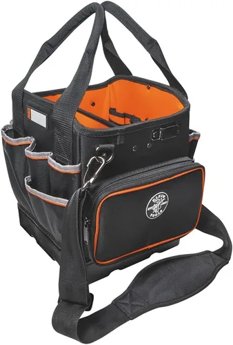 La bolsa para herramientas Klein Tools 5541610-14 con correa para el hombro tiene 40 bolsillos para almacenamiento de herramientas e interior naranja