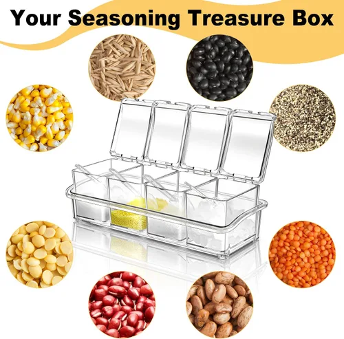 Miniatura 3 de Bokon Juego de 4 cajas de condimentos acrílicos con cucharas, 16 compartimentos, organizador de especias transparentes, recipientes de condimentos