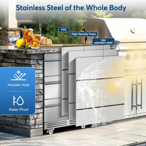Miniatura 5 de FoMup - Refrigerador bajo encimera de acero inoxidable con 3 cajones, refrigerador de bebidas para exterior con ruedas, diseño impermeable y control
