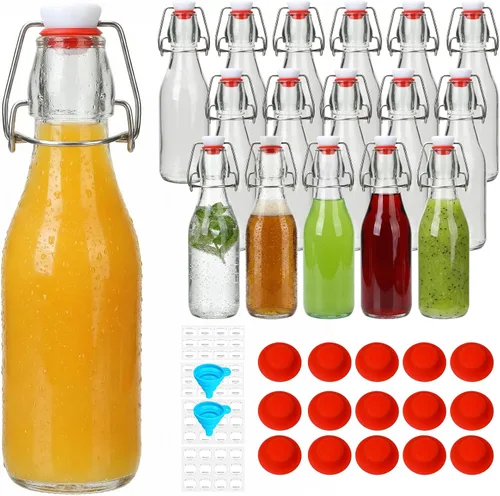 Paquete de 16 botellas de vidrio de 8 onzas con tapas herméticas, tapas abatibles estilo Grolsch y sellos de goma para cerveza casera, kombucha,