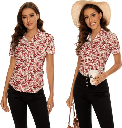 Miniatura 5 de Soneven Camisa polo de manga cortasin mangas para mujer, cuello en V, con botones