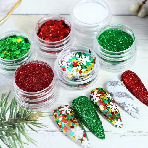 Miniatura 2 de Brillantina para uñas de Navidad, copos de nieve, lentejuelas de uñas rojo y verde, diseños de Navidad mezclados en polvo, hexágono, copos