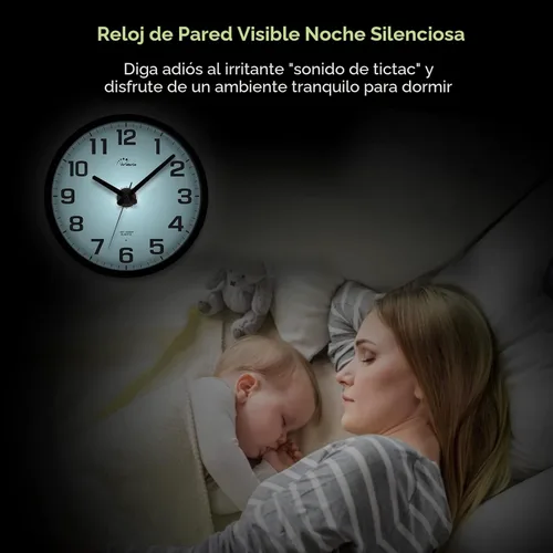 Miniatura 6 de WallarGe Reloj de pared con luz nocturna para dormitorio, reloj de pared iluminado silencioso que brilla en la oscuridad, funciona