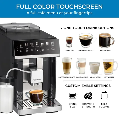 Miniatura 3 de Kenmore Cafetera Automática Completa - Con Molinillo, Espumador de Leche y Vaporizador, Tamper Automático, Máquina de Espresso Descalcificadora