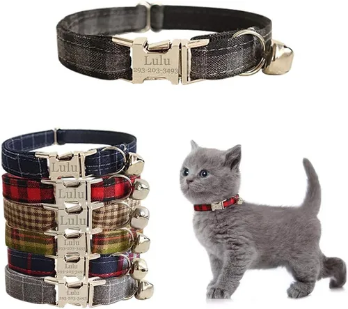 Miniatura 13 de Collar de gato personalizado con placa de nombre, collares ajustables de nailon resistente para identificación de gato con campana, personaliza