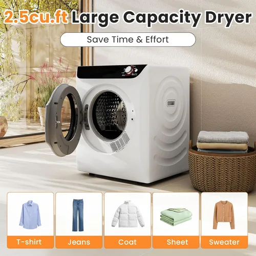 Miniatura 4 de Zynkez Secadora de ropa portátil de 2.5 pies cúbicos, secadora eléctrica compacta de 1400 W con bañera de acero inoxidable, carga frontal, 5 modos