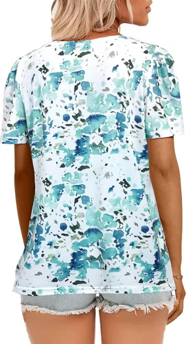 Miniatura 42 de JomeDesign - Camisetas casuales de verano para mujer, manga corta, cuello redondo, manga abullonada