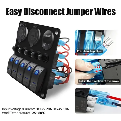 Miniatura 6 de FXC Panel de interruptor basculante azul marino impermeable de 5 segmentos con enchufe USB QC3.0 y ranura tipo C + encendedor de cigarrillos +