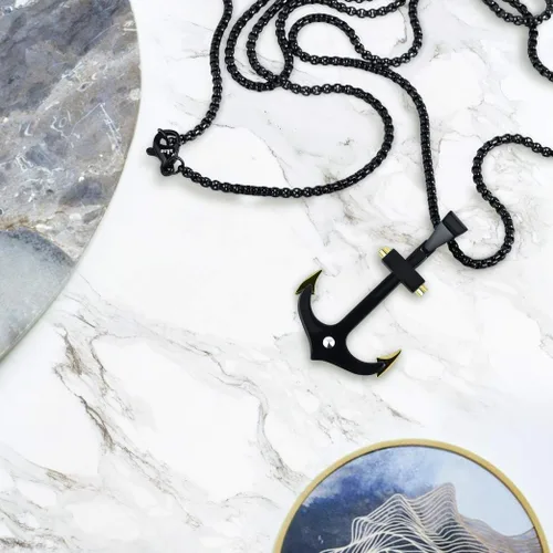 Miniatura 2 de Buve Collar con colgante de ancla negra, colgante náutico para hombres con puntas doradas y collar pirata de cadena Rolo de 26 pulgadas, hecho
