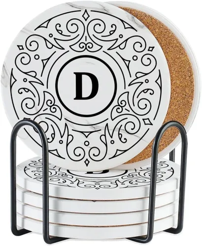 Miniatura 9 de Onebttl Juego de 6 posavasos con monograma, letra inicial, cerámica, absorbente con base de corcho, decoración del hogar para familia, inauguración