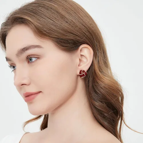 Miniatura 7 de Pendientes de botón esmaltados rojos elegantes triangulares con nudo de amor, diseño vintage para mujer