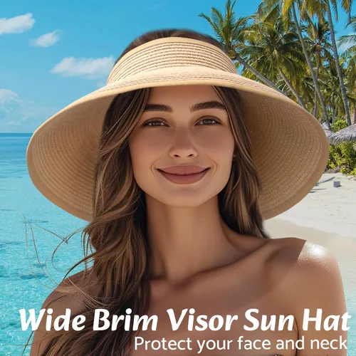 Miniatura 4 de NPQQUAN Sun Visor Hats for Women Wide Brim Ponytail Straw Beach Hat Packable Foldable UPF 50+ Floppy Travel Hats