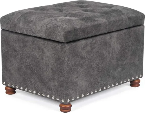 Miniatura 9 de Homebeez Banco otomano de almacenamiento copetudo, taburete de terciopelo con parte superior elevadora y ribete de cabeza de clavo (gris oscuro)