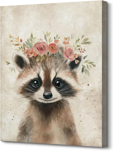 Miniatura 7 de Bonito mapache impreso para pared, póster retro de retrato de animales, divertido mapache con corona, pintura de granja, bosque, animales