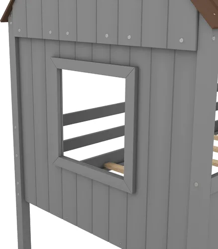 Miniatura 9 de Quarte Fun House - Cama con techo y dos ventanas laterales, cama baja de madera tamaño individual con escaleras pequeñas y barandilla, para niños